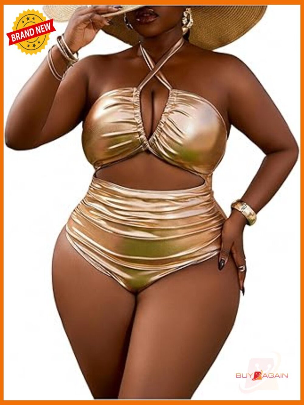 Plus Size Metallic One Piece Swimsuit Criss Cross Cut Out Halter Monokini